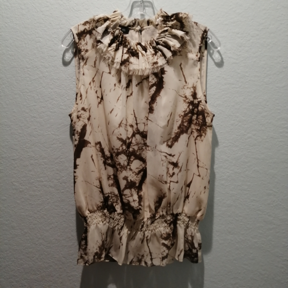 Kenneth Cole Reaction Sleeveless Ruffle Neck Cream and Brown Top - Size 8